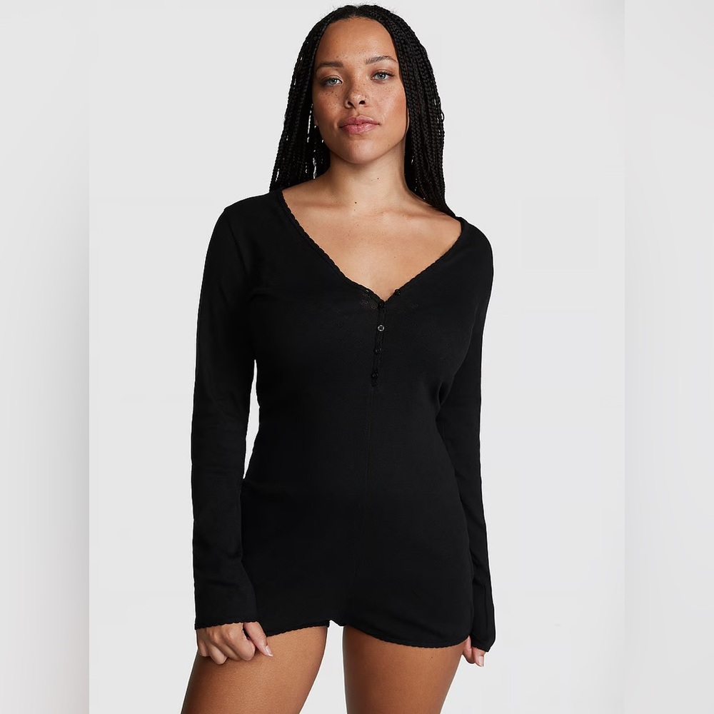 Pink Victoria's Secret Cotton Henley One Piece Long Sleeve Romper